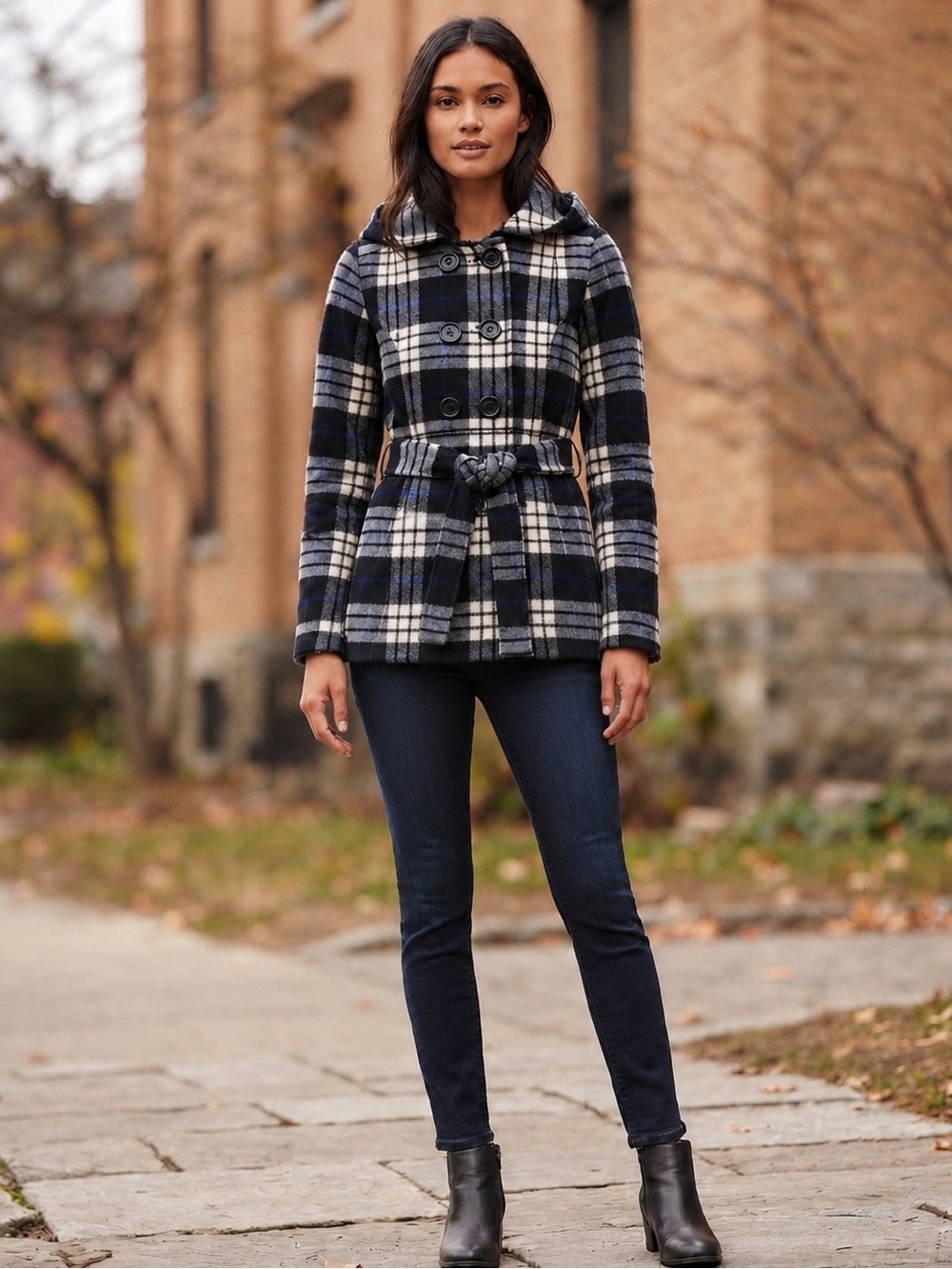 Self Esteem Plaid Hooded Belted Jacket